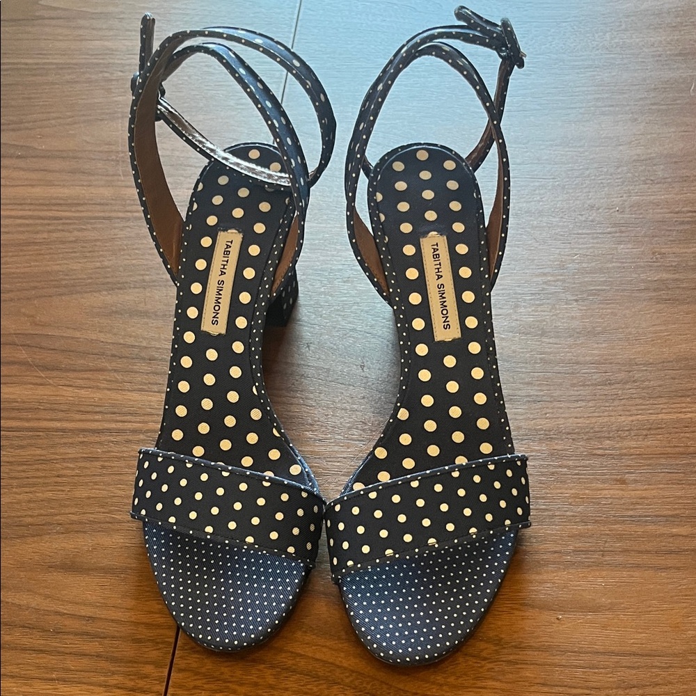 Tabitha Simmons 38.5 blue and white polka dot grosgrain fabric sandals
